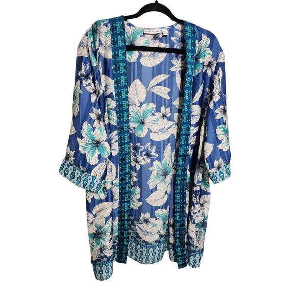 Susan Graver Plus Size 2X Blue White Floral Pattern Open Front Longline - Picture 5 of 8